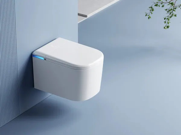 Keliss wall-hung smart toilet on a light blue wall